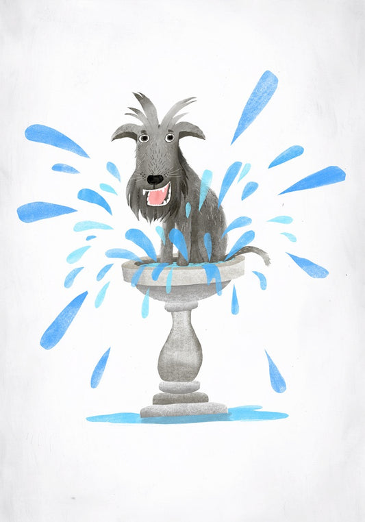Dog in a birdbath