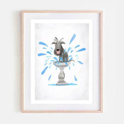 Dog in a birdbath