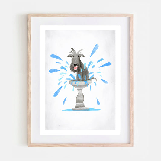 Dog in a birdbath